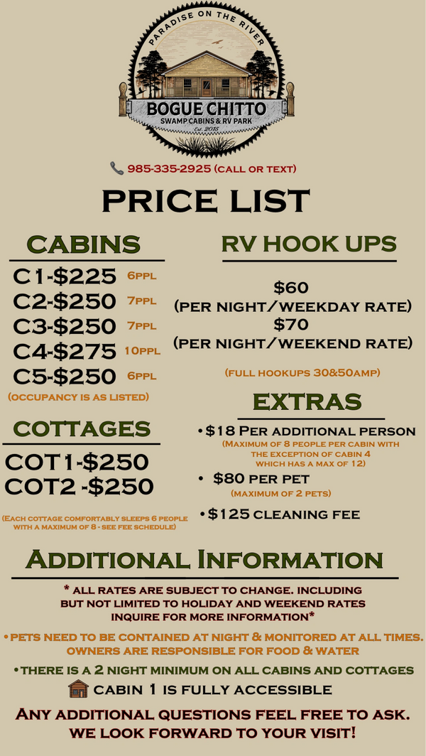 Rates Bogue Chitto Swamp Cabins